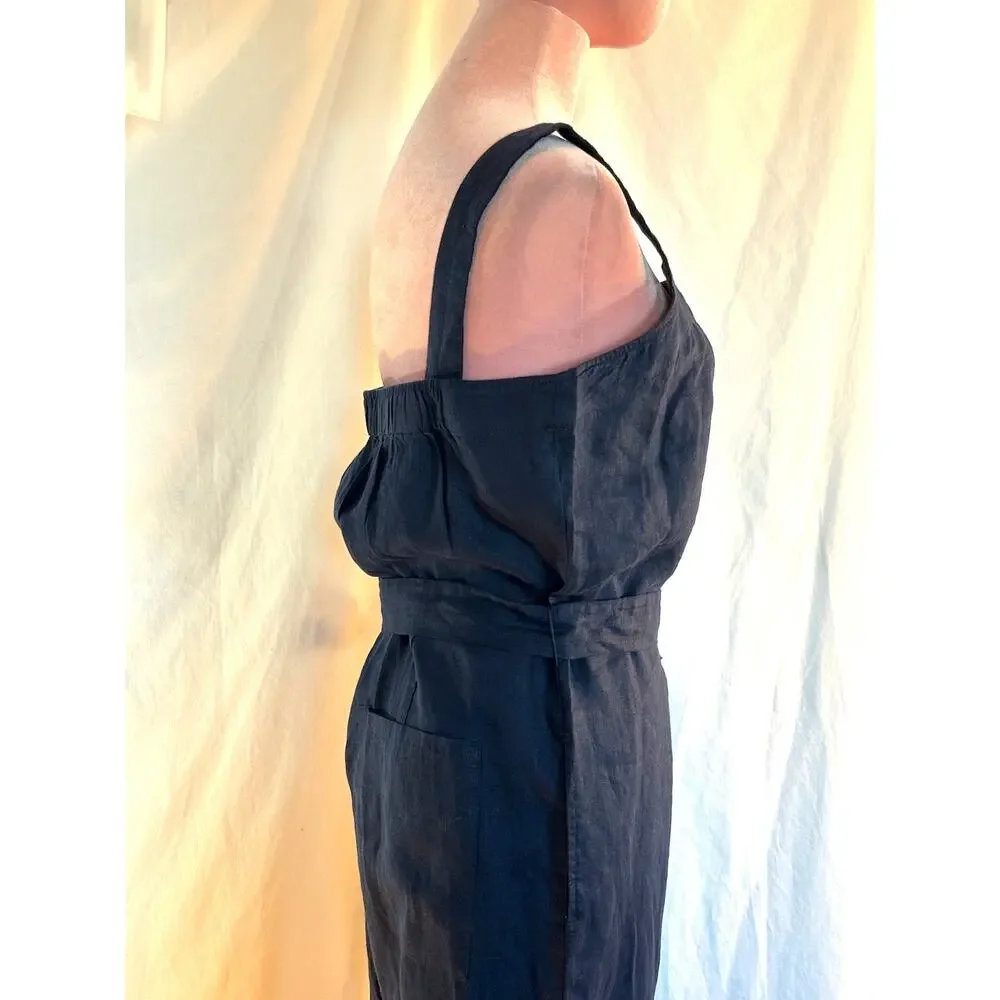 NWT QUINCE Jumpsuit Romper Sleeveless Adj. Straps Pockets Self-Tie Belt Blue S